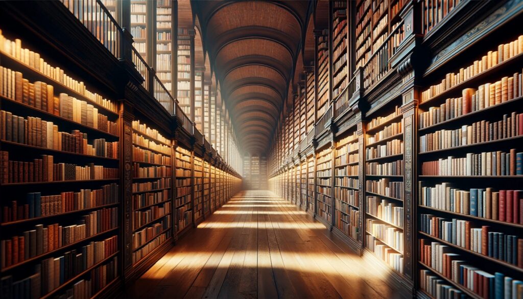 書棚が果てしなく続く壮大な図書館の内部。大量の本が並び、光が差し込む。