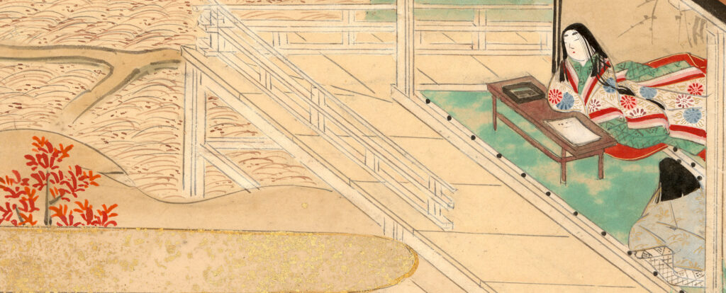 平安時代の女性が几帳のそばで文を記す、枕草子を描いた絵巻物の一場面