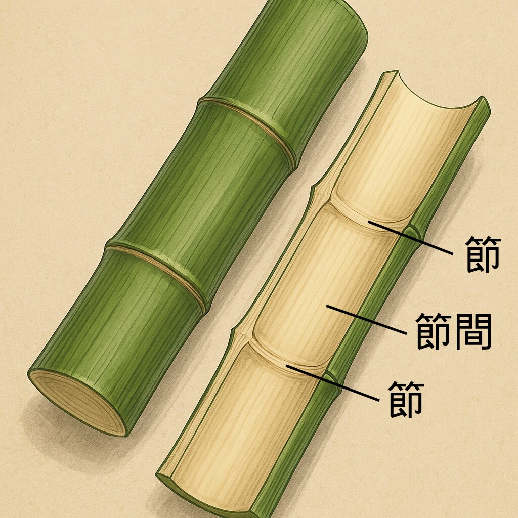 竹の節と節間を示す縦割り断面図と外観図