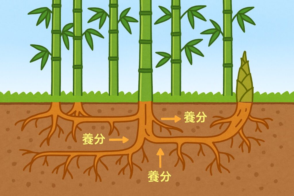 竹林の地下茎ネットワークと養分の流れを示す断面図