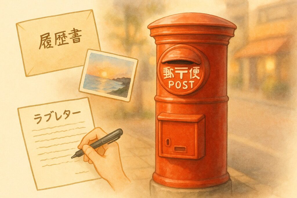 赤いポストの周囲に、履歴書、旅先の絵はがき、ラブレターが浮かぶ水彩イラスト