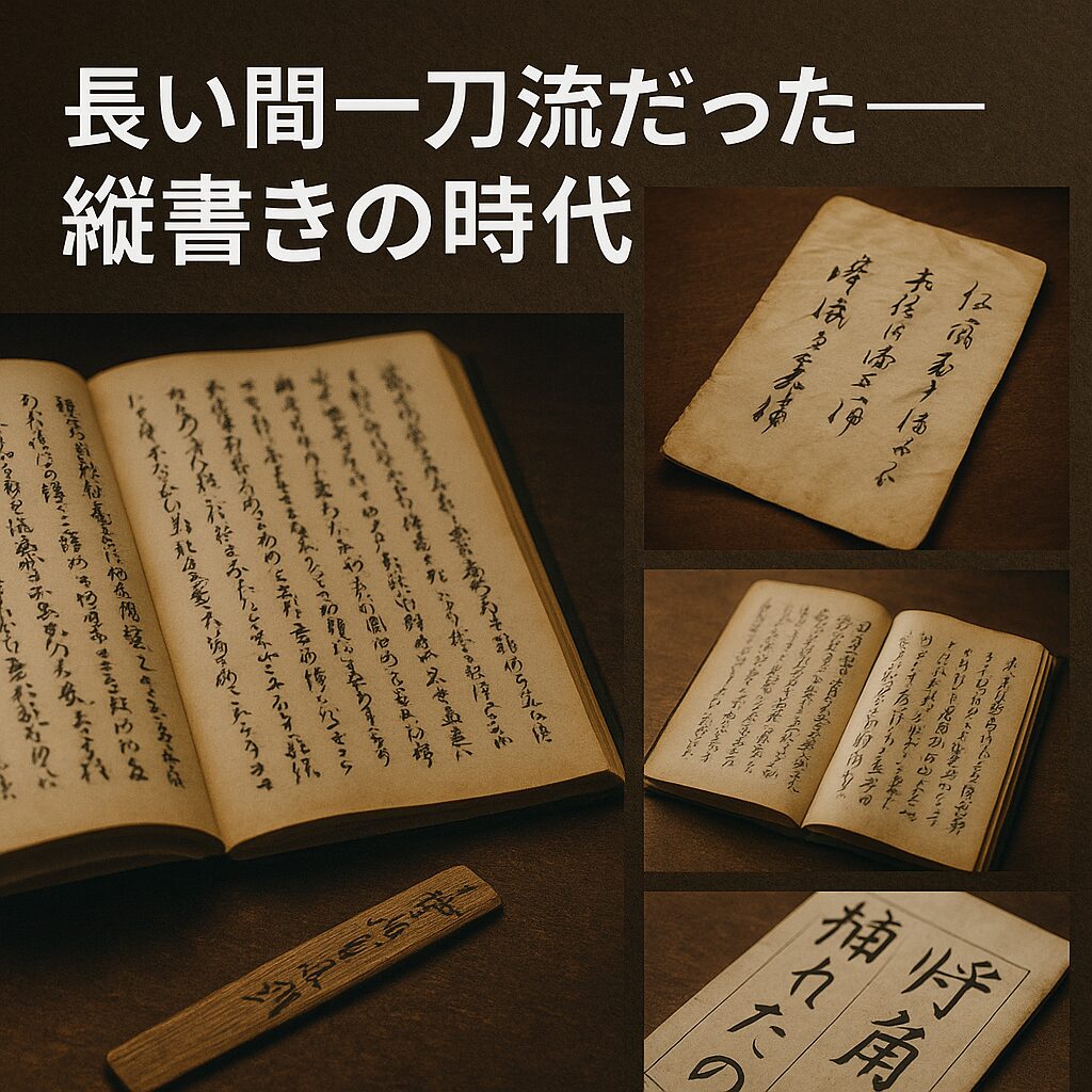 江戸期の手紙や写本、木簡など、縦書き文化の資料を並べたコラージュ画像
