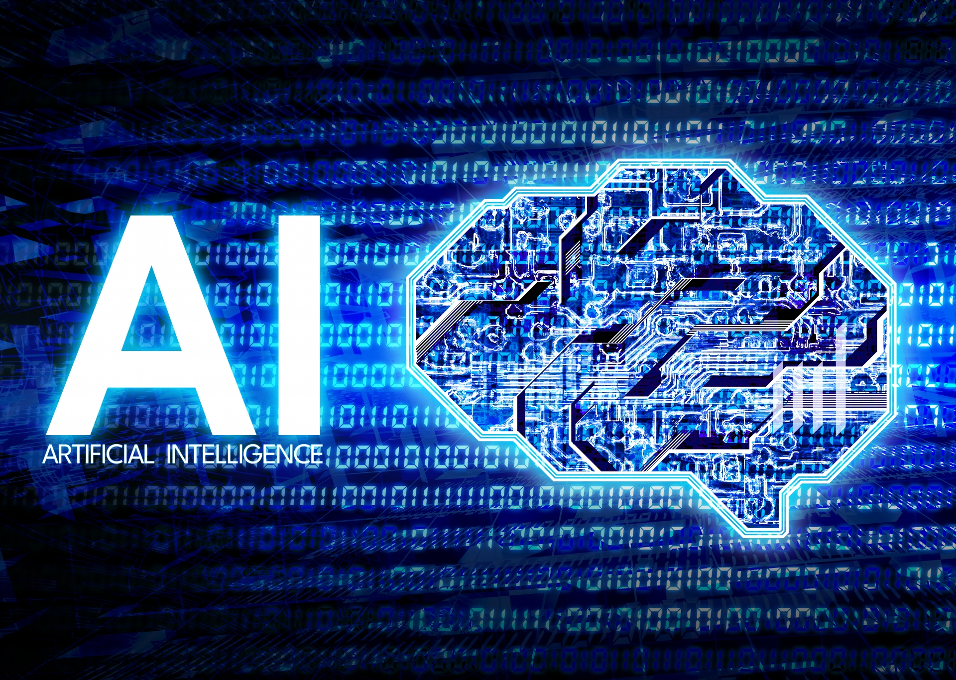 人工知能を象徴する回路状の脳と「AI」の文字が描かれた青色のデジタル背景画像