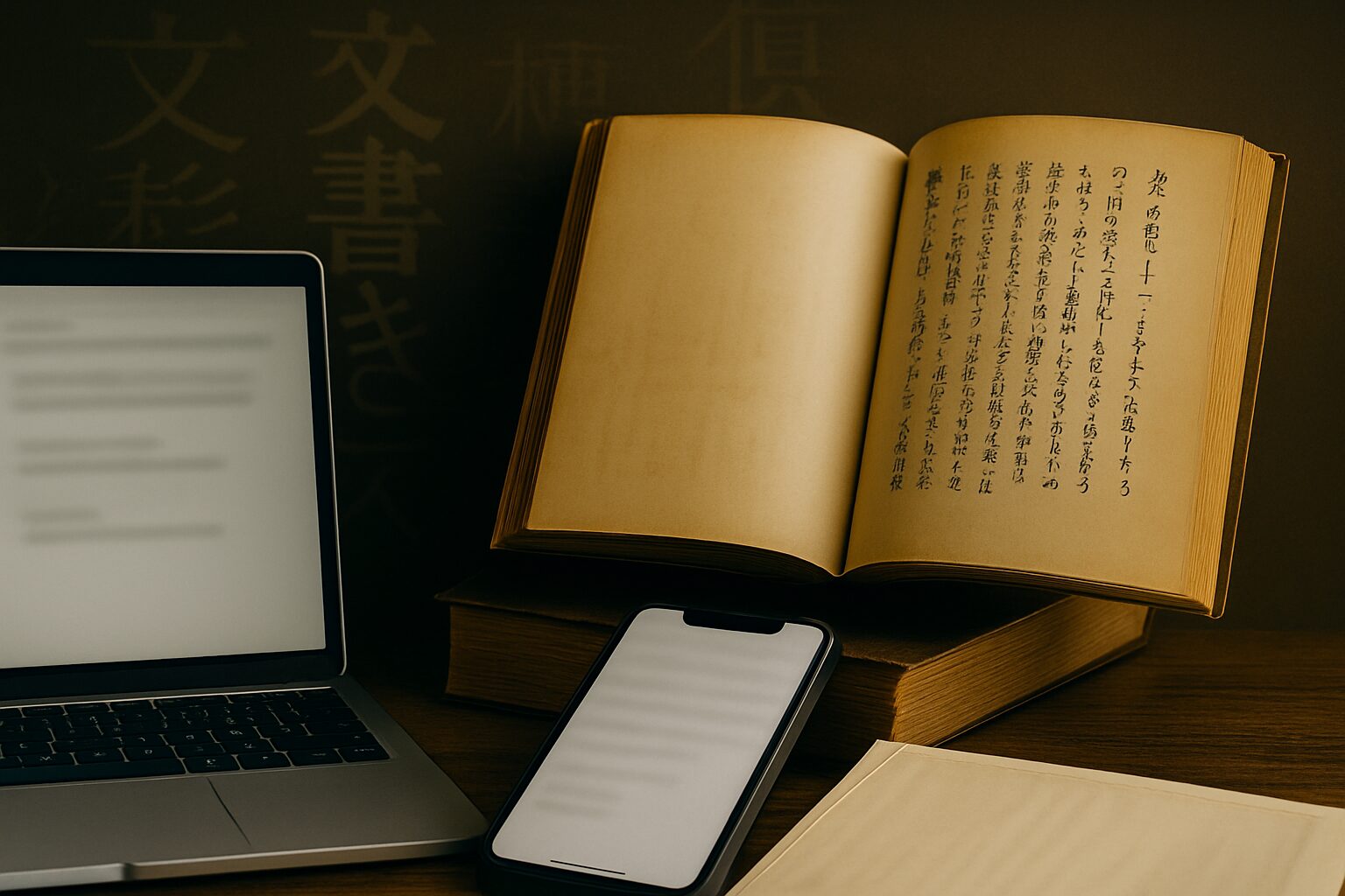 ノートパソコン、スマートフォン、縦書きの古書が並ぶ日本語の書字スタイルを象徴する静物写真