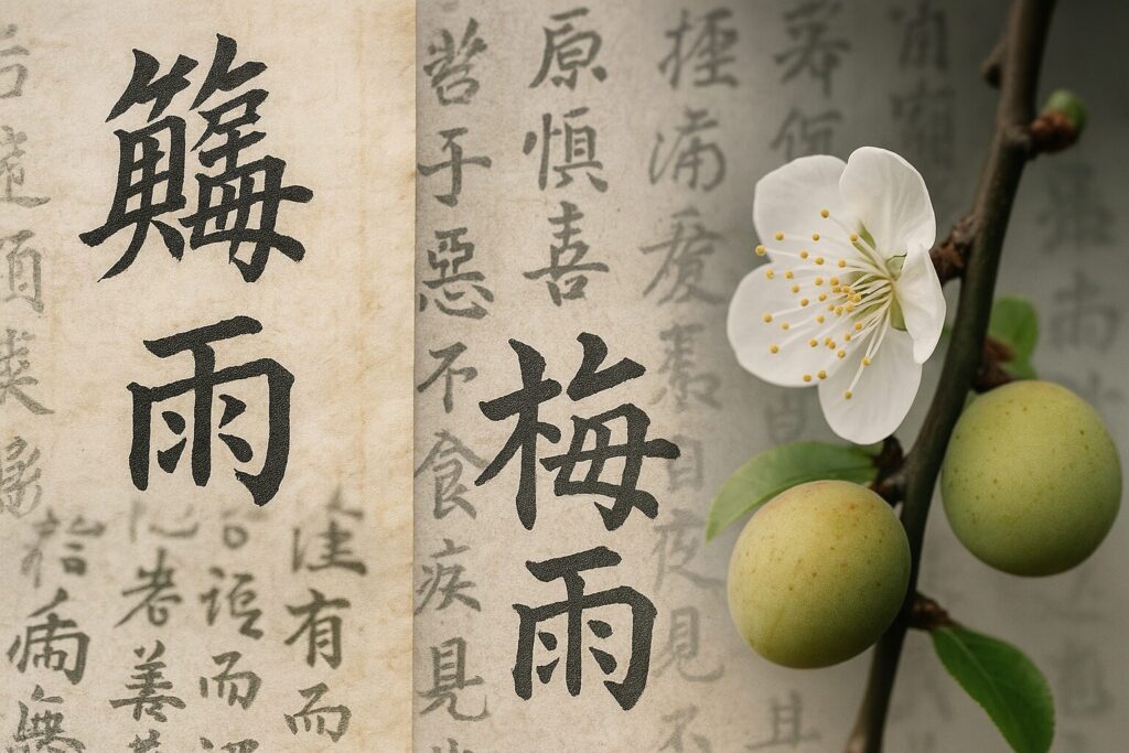 筆文字の古詩と梅の実を重ねた画像。「黴雨」から「梅雨」への漢字表記の変化を象徴