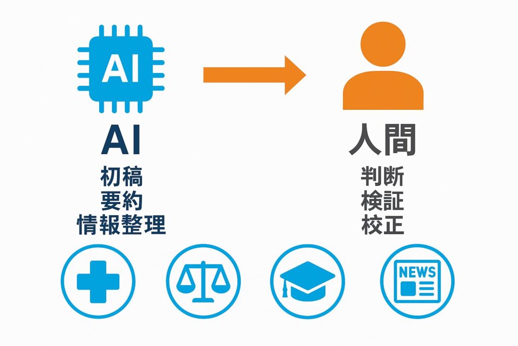 AIと人間が役割を分担して協働する構図を示す図解。AIが初稿や要約を担い、人間が検証や判断を行う。医療・法律・教育・報道の4分野での活用例を示す。