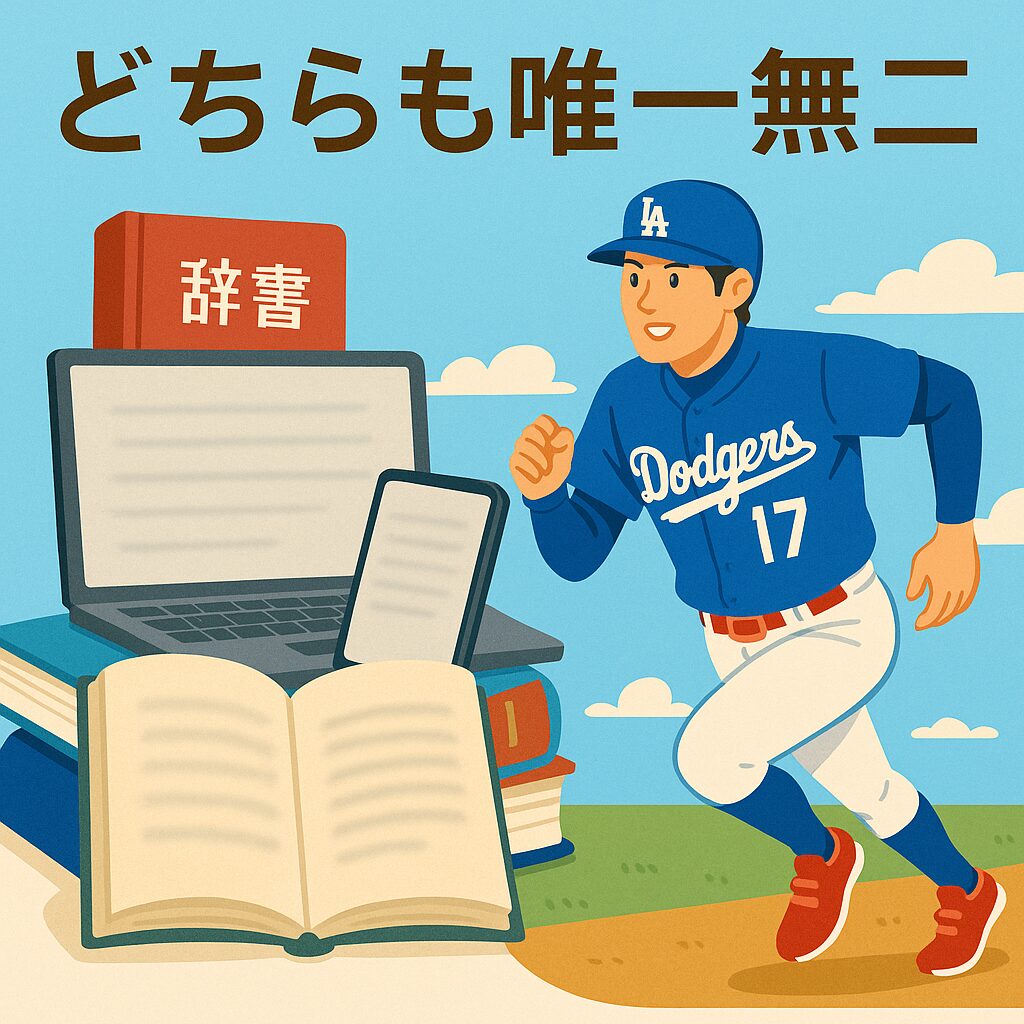 辞書やノートPCとともに、日本語の“二刀流”を象徴するように走るドジャースの大谷翔平選手のイラスト