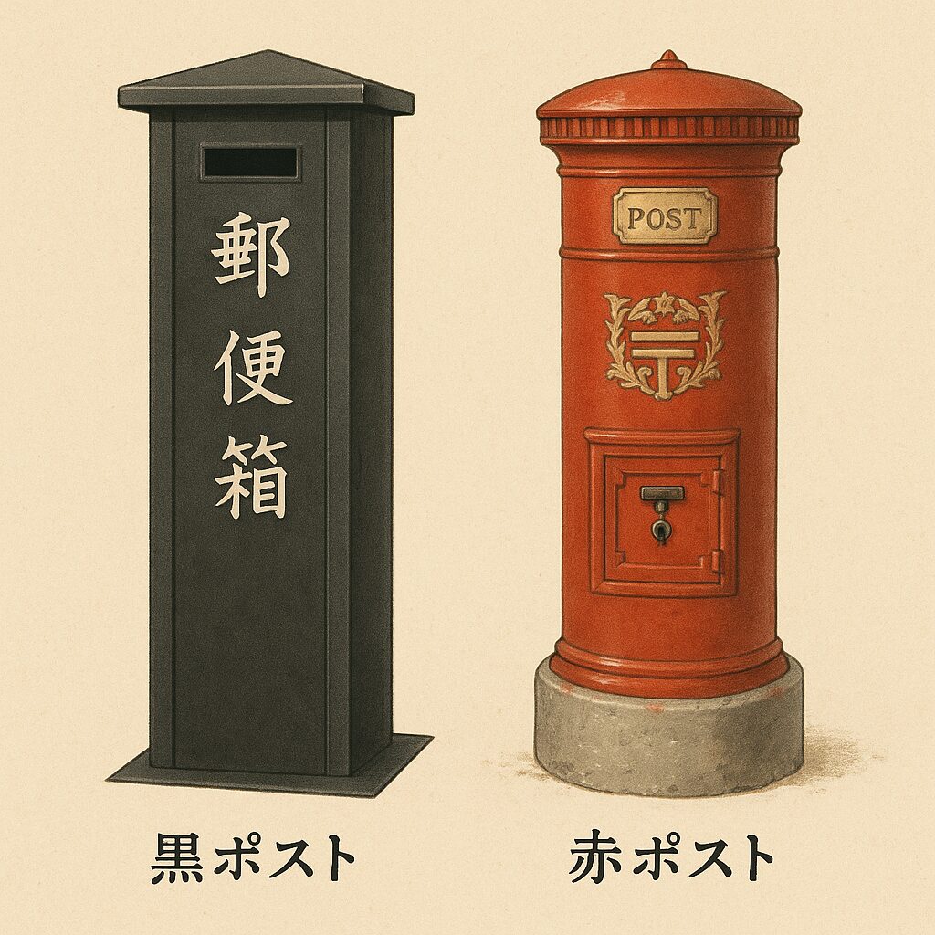 明治期の黒い郵便ポストと、明治後期以降に登場した赤い円筒型ポストの比較図