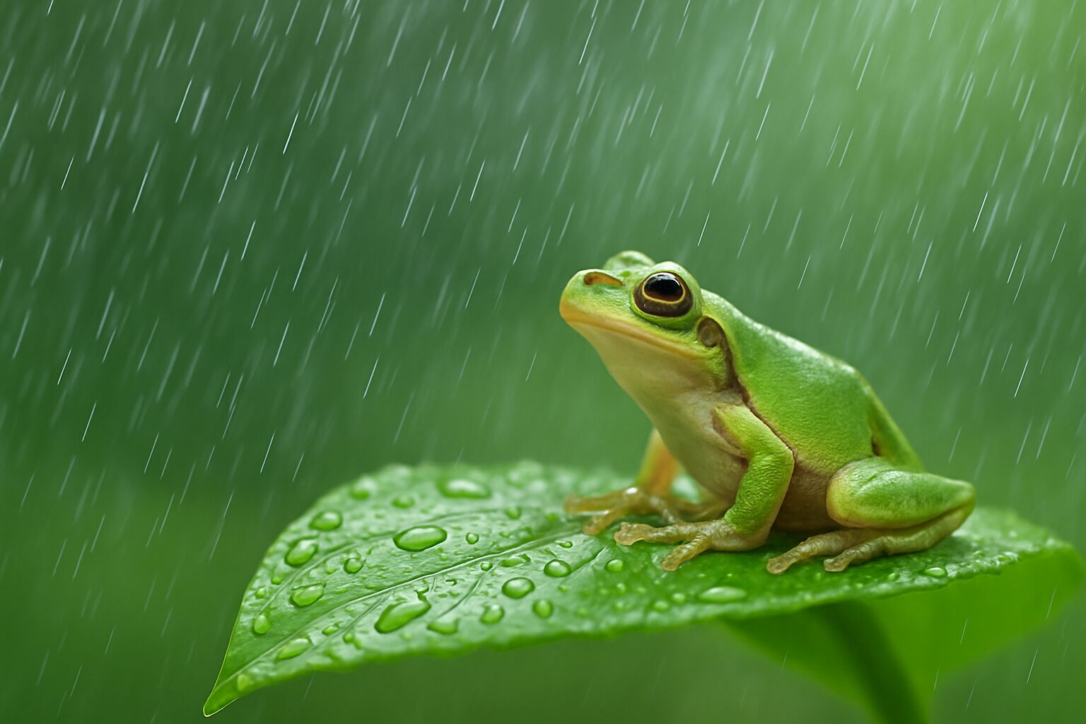 葉の上で雨を見上げるアマガエル