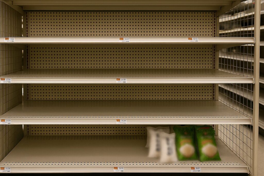 スーパーの米売り場の棚がほとんど空で、下段の隅に数袋だけ米が残っている様子。
