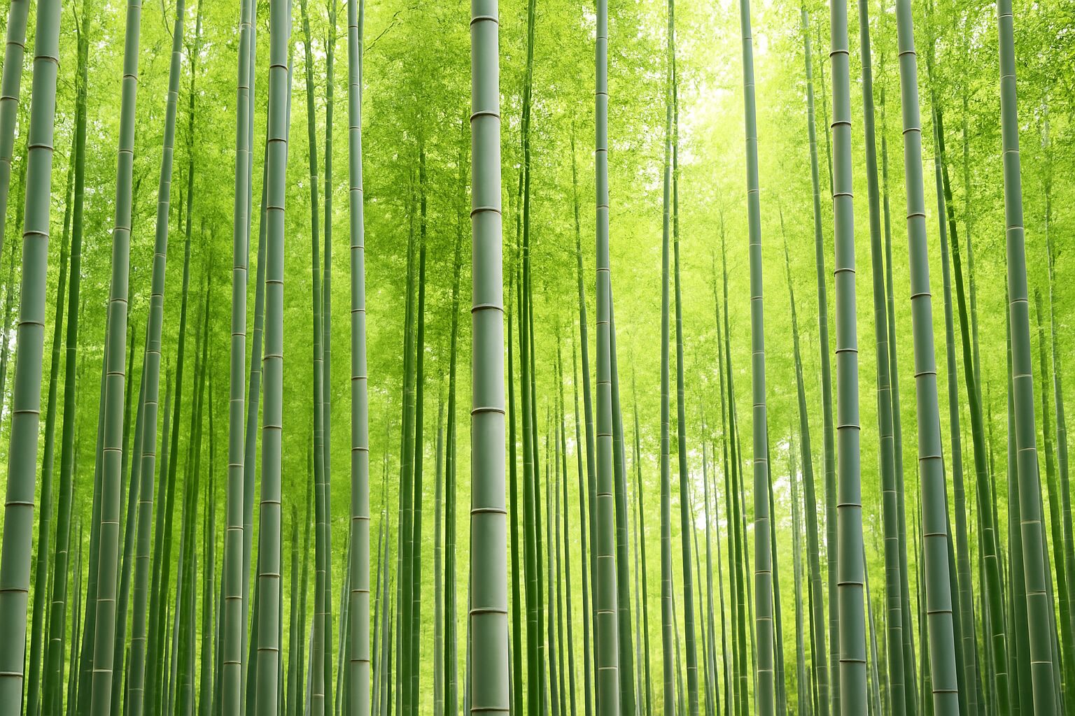 若竹がまっすぐ空へ伸びる、青々とした竹林の風景