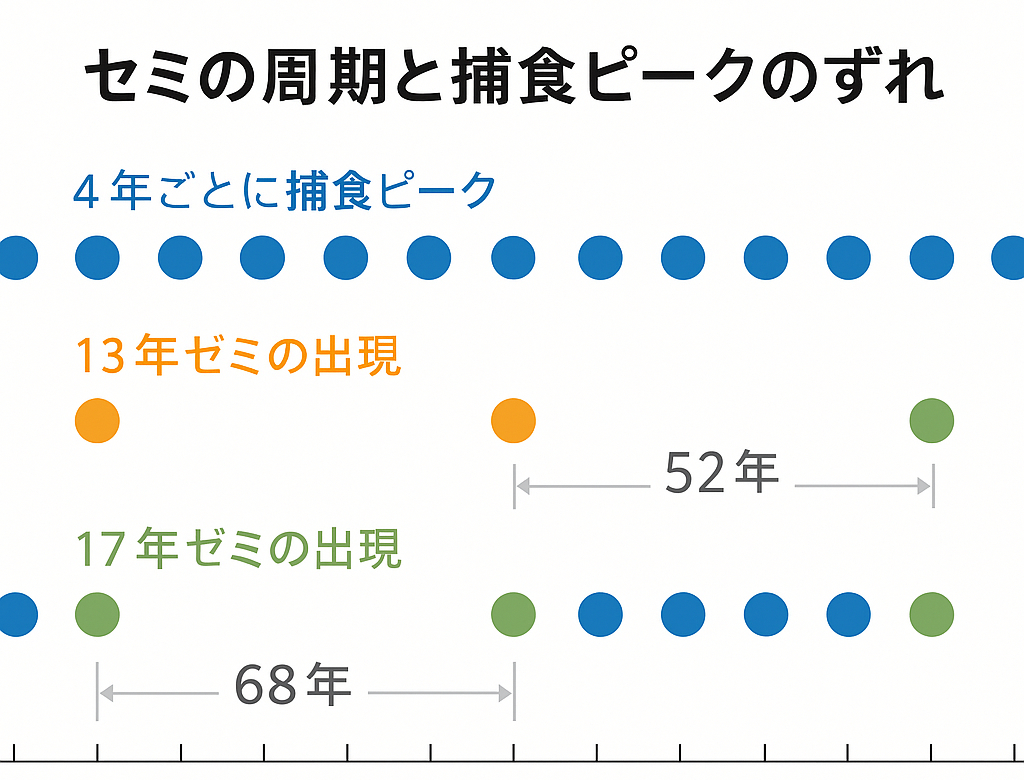 4年ごとに訪れる捕食ピークと、13年・17年周期のセミ出現が重なりにくいことを示したタイムライン図