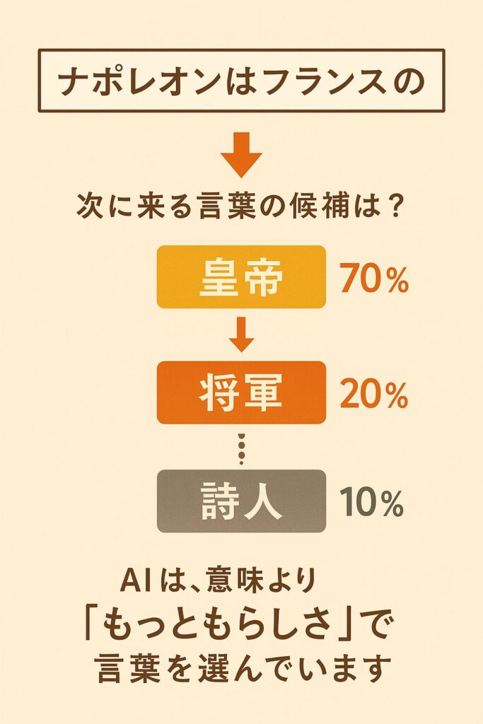「ナポレオンはフランスの皇帝だった」という文が、単語ごとに確率的に選ばれながら生成されていく様子を示す日本語の図解。各語句の下に複数の候補語が示され、確率付きの横矢印で接続されている。