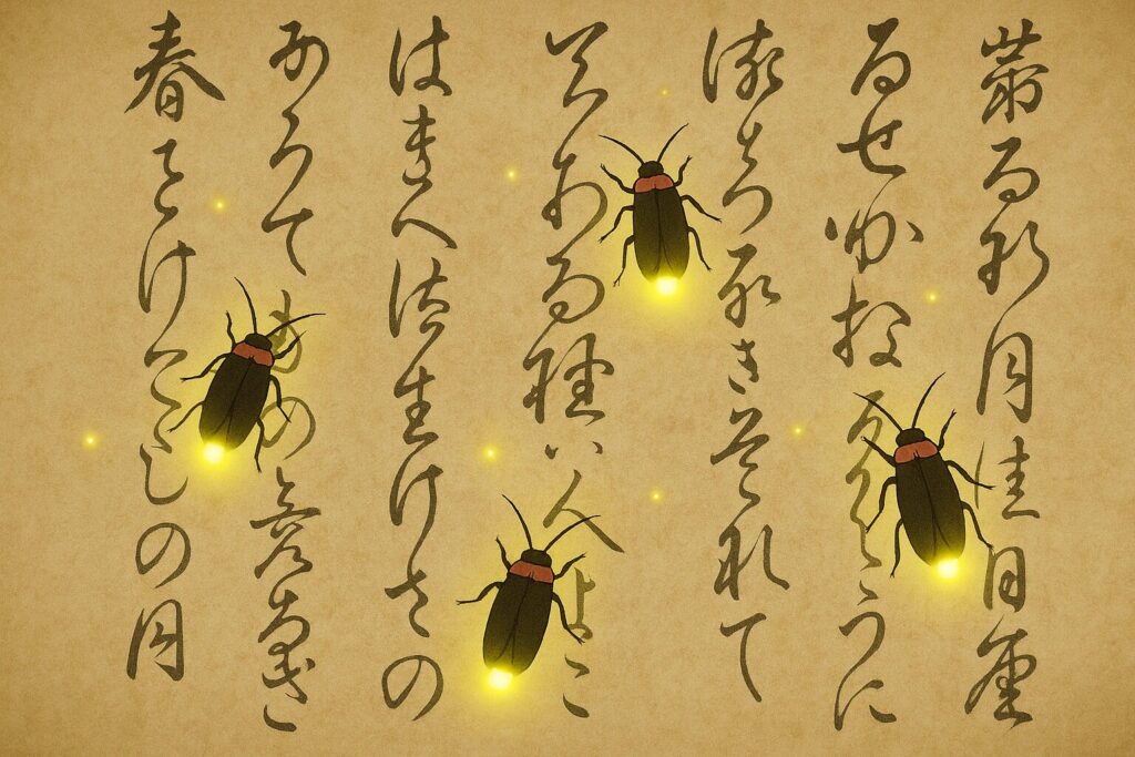 和紙のような背景に筆文字と蛍が舞う、日本の古典文学をイメージした幻想的なデジタルイラスト