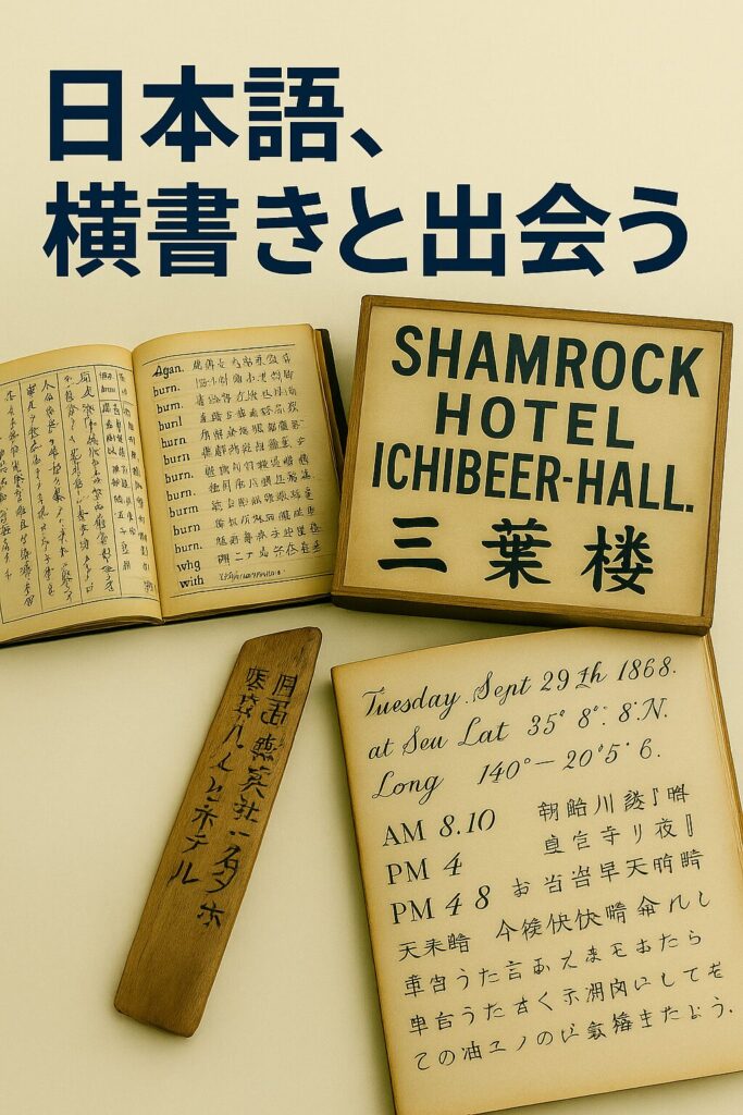 幕末〜明治期の和英辞書、看板、航海日誌など、縦書きと右横書きが混在する歴史資料のコラージュ画像