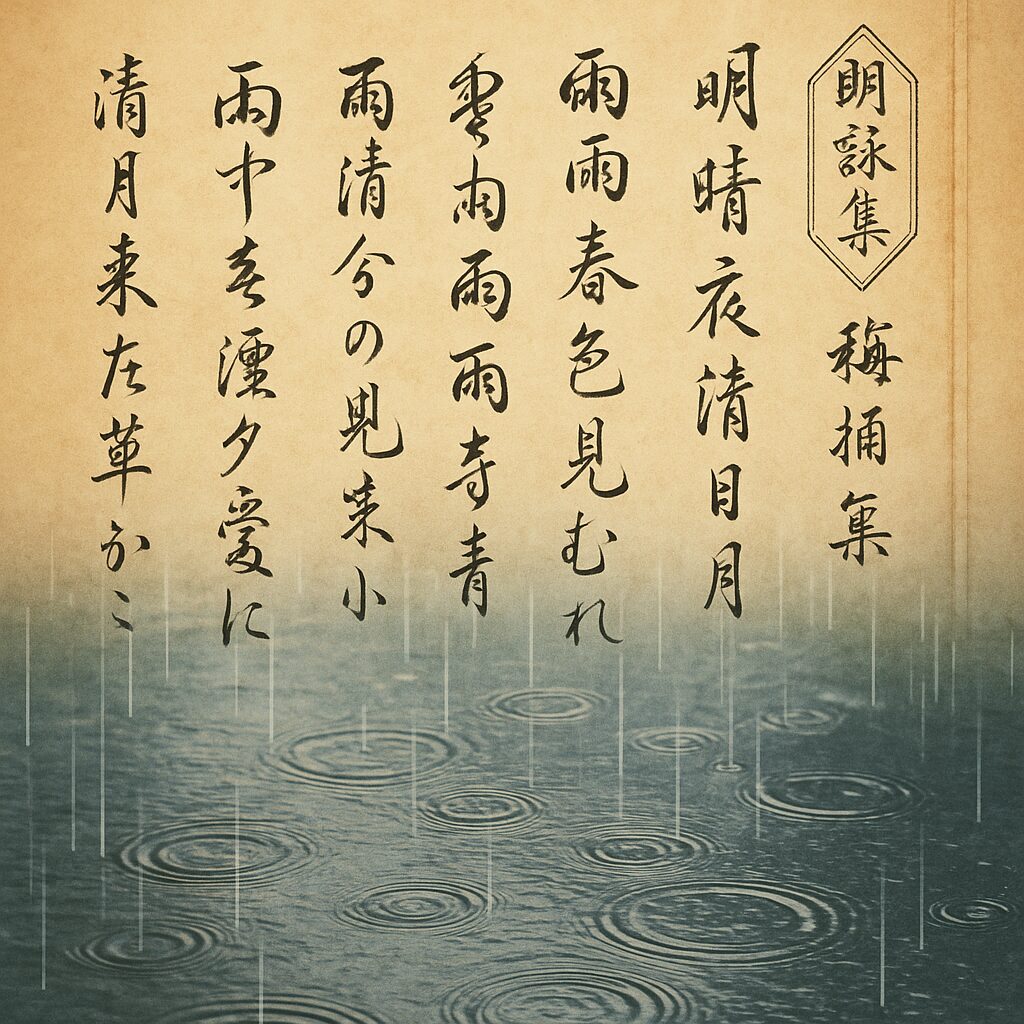 奈良・平安時代の詩文が書かれた巻物と、しとしと降る雨の水面を組み合わせた画像