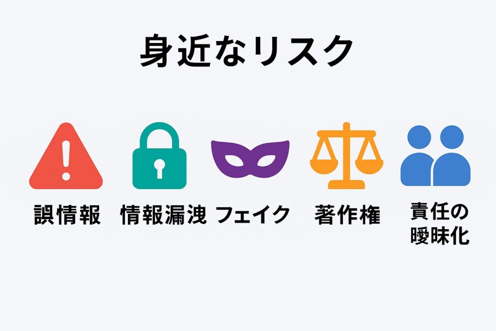 生成AI時代における5つの身近なリスクを示した図解。誤情報、情報漏洩、フェイク、著作権侵害、責任の曖昧化をアイコンと日本語で表現。