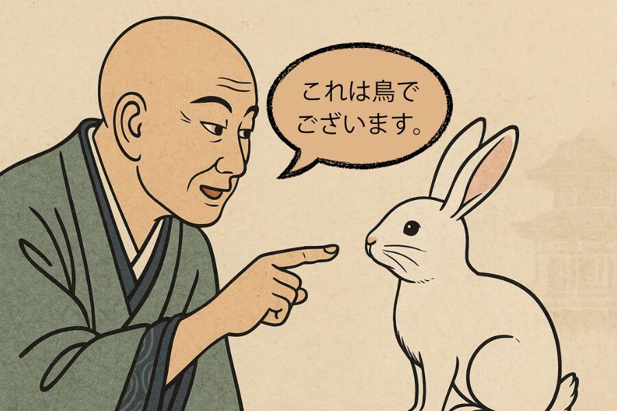 僧侶がウサギを指差し、「これは鳥でございます」と吹き出しで話している浮世絵風のイラスト