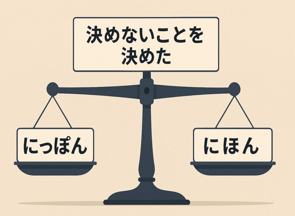 天秤が水平に釣り合い、左の皿に「にっぽん」、右の皿に「にほん」と書かれた札が乗り、天秤の上に「決めないことを決めた」と書かれた札が掲げられているイラスト