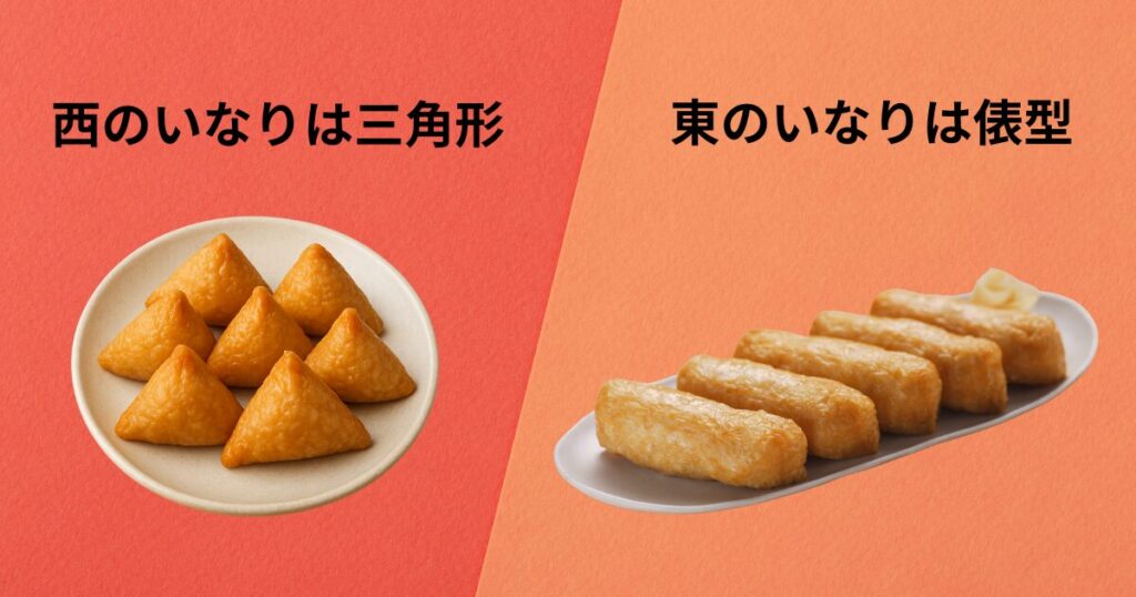 関東は俵型、関西は三角形とされるいなり寿司の形状の違いを比較した図。左が三角形、右が俵型。