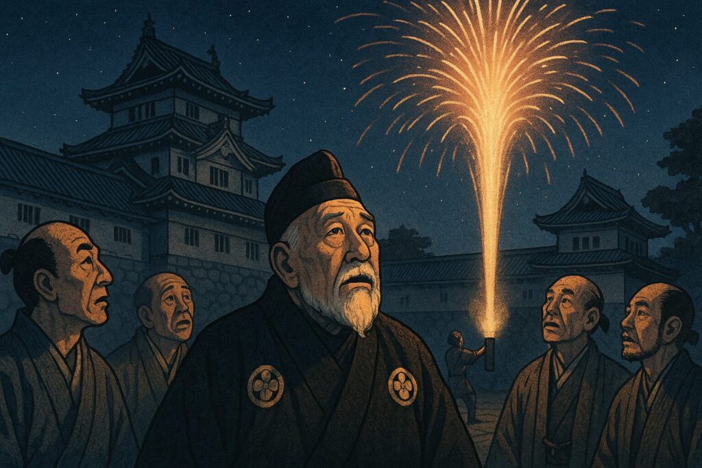 1613年、駿府城の庭で徳川家康が家臣たちとともに、中国商人による手筒花火を見上げている様子を描いた歴史イラスト