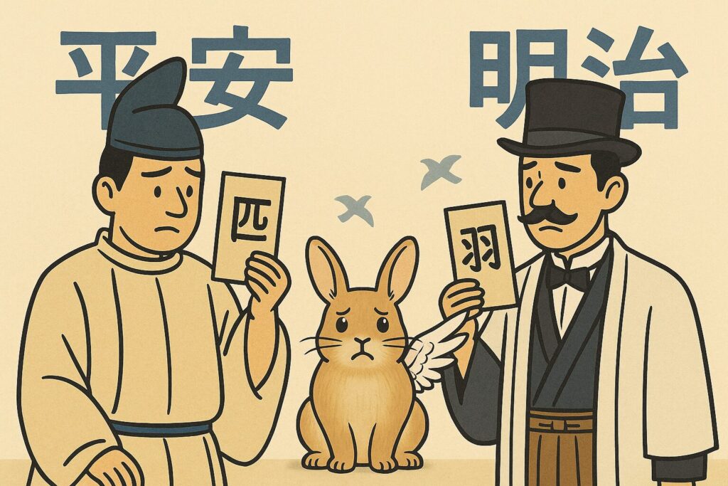 平安装束の人物が「匹」と書かれた札を持ち、文明開化風の紳士が「羽」と書かれた札を掲げる。中央でウサギが困り顔で両者を見比べているユーモラスなイラスト。背景には「平安」と「明治」の文字が描かれている。