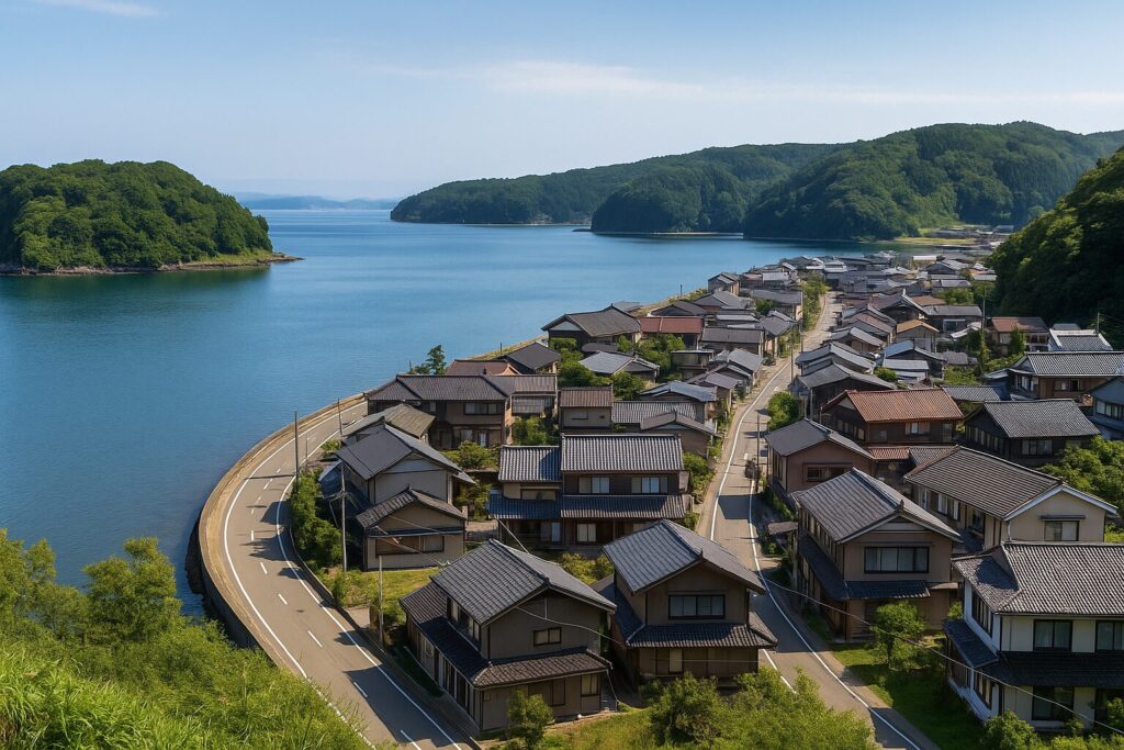 石川県能登町の美しい海沿いの集落の風景。湾に沿って家々が並び、緑豊かな丘と青い海が広がる。