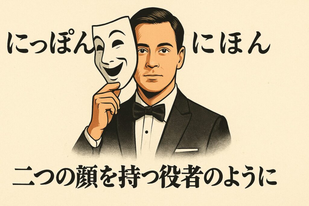 タキシード姿の男性が笑顔の仮面を半分だけ顔から外し、真顔を見せている。左右に「にっぽん」「にほん」の文字があり、下に「二つの顔を持つ役者のように」と書かれている。