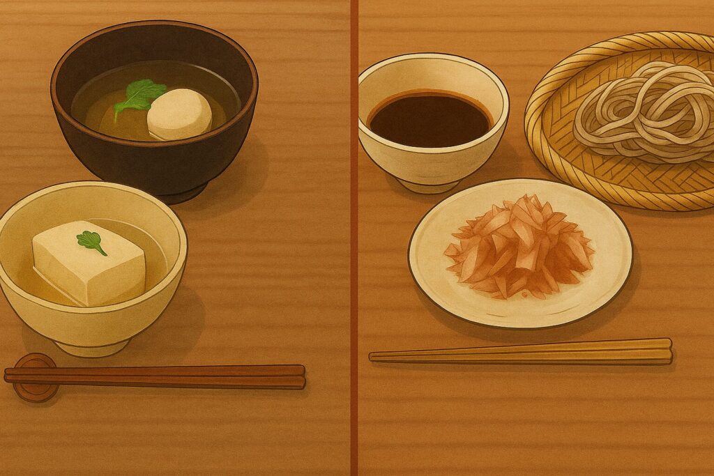 東西の食文化の違いを表すイラスト。左側は京風の湯豆腐とお吸い物、右側は江戸風の濃いそばつゆ、かつお節、ざるそばが並んでいる。
