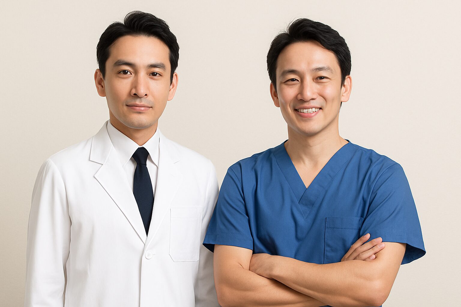 白衣を着た医師と、青いスクラブを着た医師が並んで立つ様子