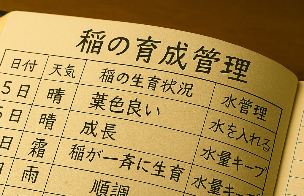 稲の育成管理記録表に記載された詳細な作業内容を示した画像