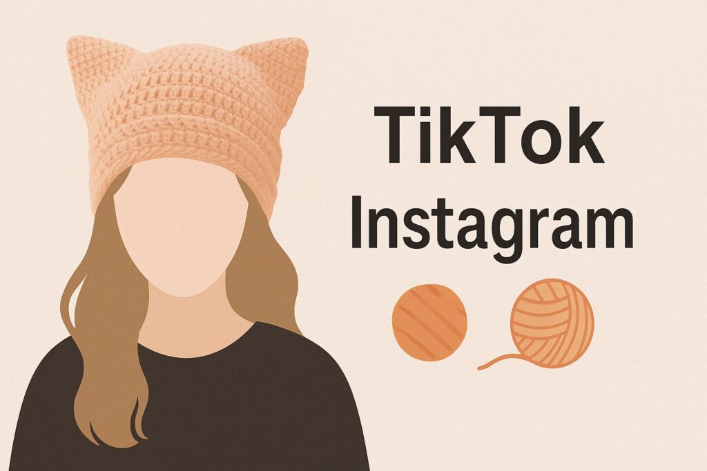 猫耳ニット帽をかぶった若い女性のイラストと、TikTok・Instagramの文字、毛糸玉が並ぶ構図