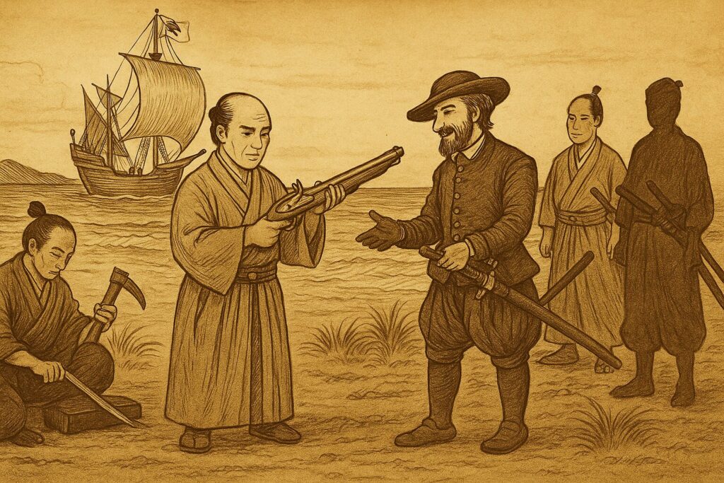 種子島の海岸で、ポルトガル商人が火縄銃を島主・種子島時堯に手渡す様子を描いた古地図風イラスト