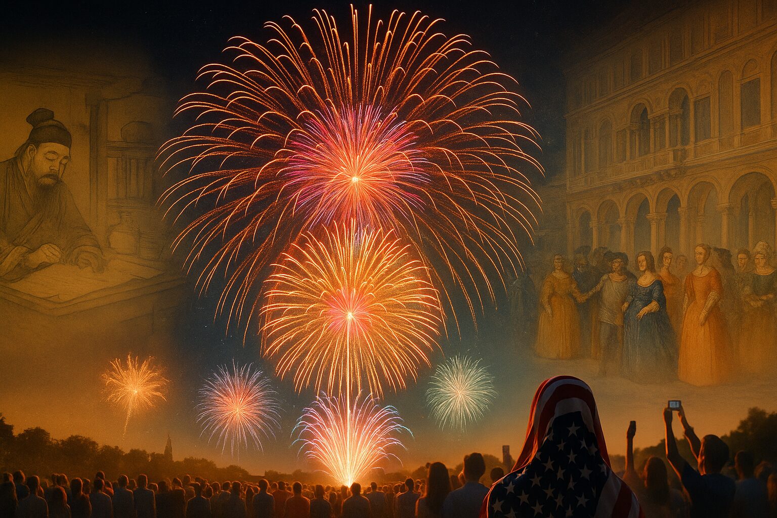 唐代から現代までの歴史を象徴する花火の旅路を描いたビジュアル。中央に夜空を彩る現代の花火、背景には唐代の錬丹術師、中世ヨーロッパの宮廷、アメリカ独立記念日の観衆が重なる。