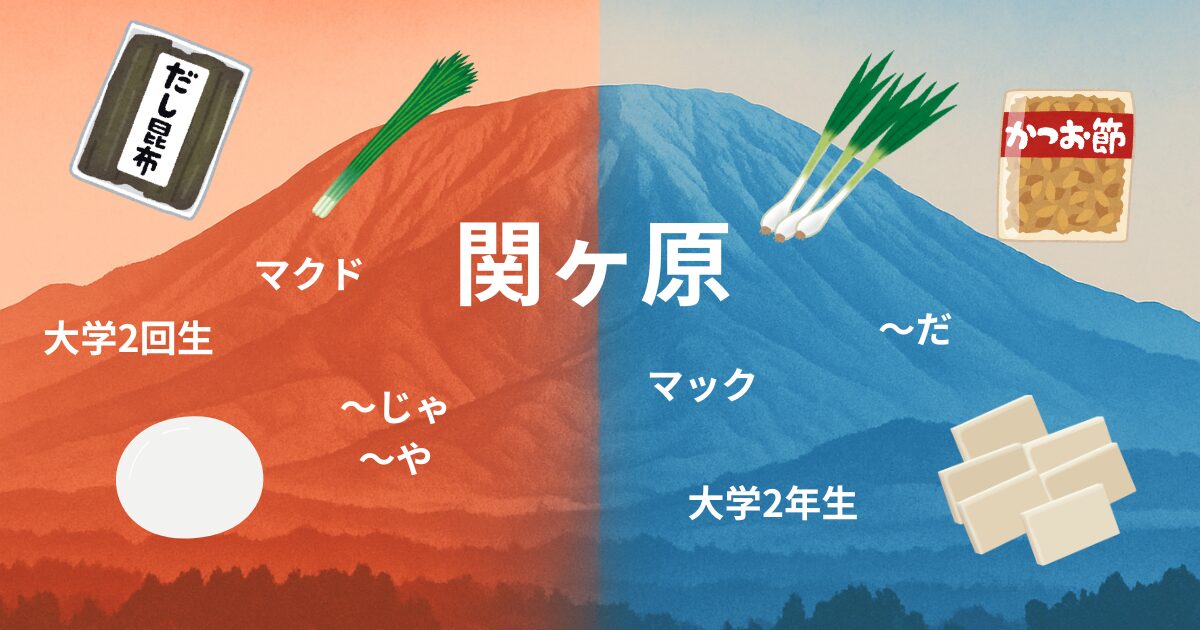 関ヶ原を境に東西で異なる文化要素を比較したイラスト。青は東日本、赤は西日本を示し、方言、食材、呼び方の違いが描かれている。