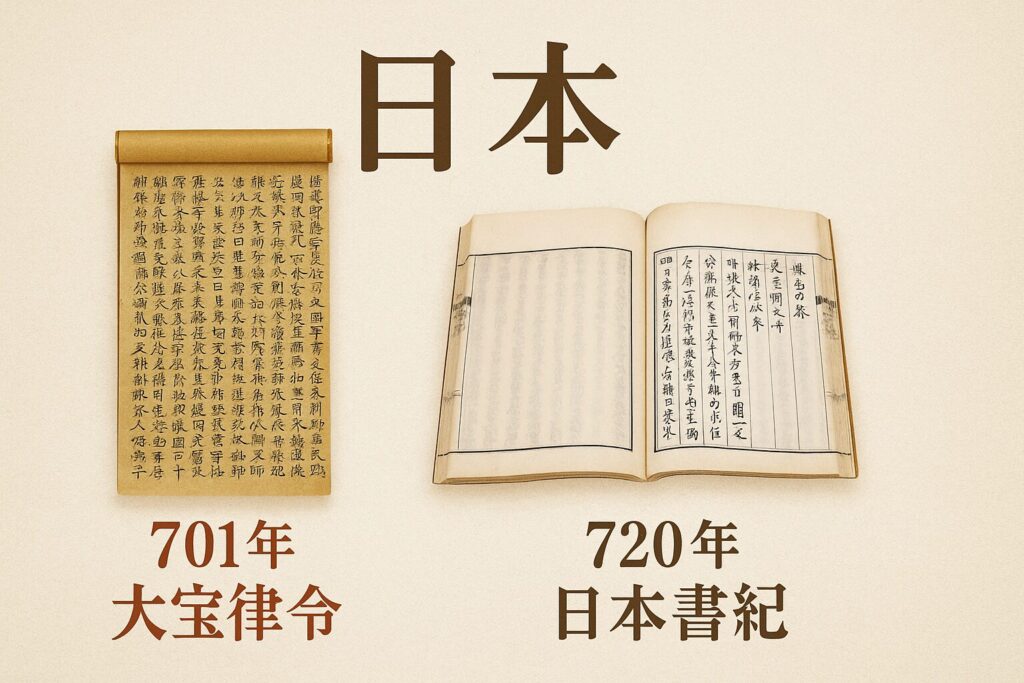 「日本」という文字を中央上部に配置し、左側に大宝律令の巻物、右側に日本書紀の開かれた書物が並ぶ画像。下にはそれぞれ「701年 大宝律令」「720年 日本書紀」と記載されている。