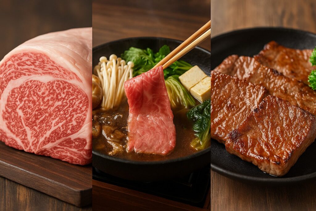 霜降り和牛の生サーロイン、すき焼き鍋で煮る薄切り肉、焼いたカルビの盛り合わせ。