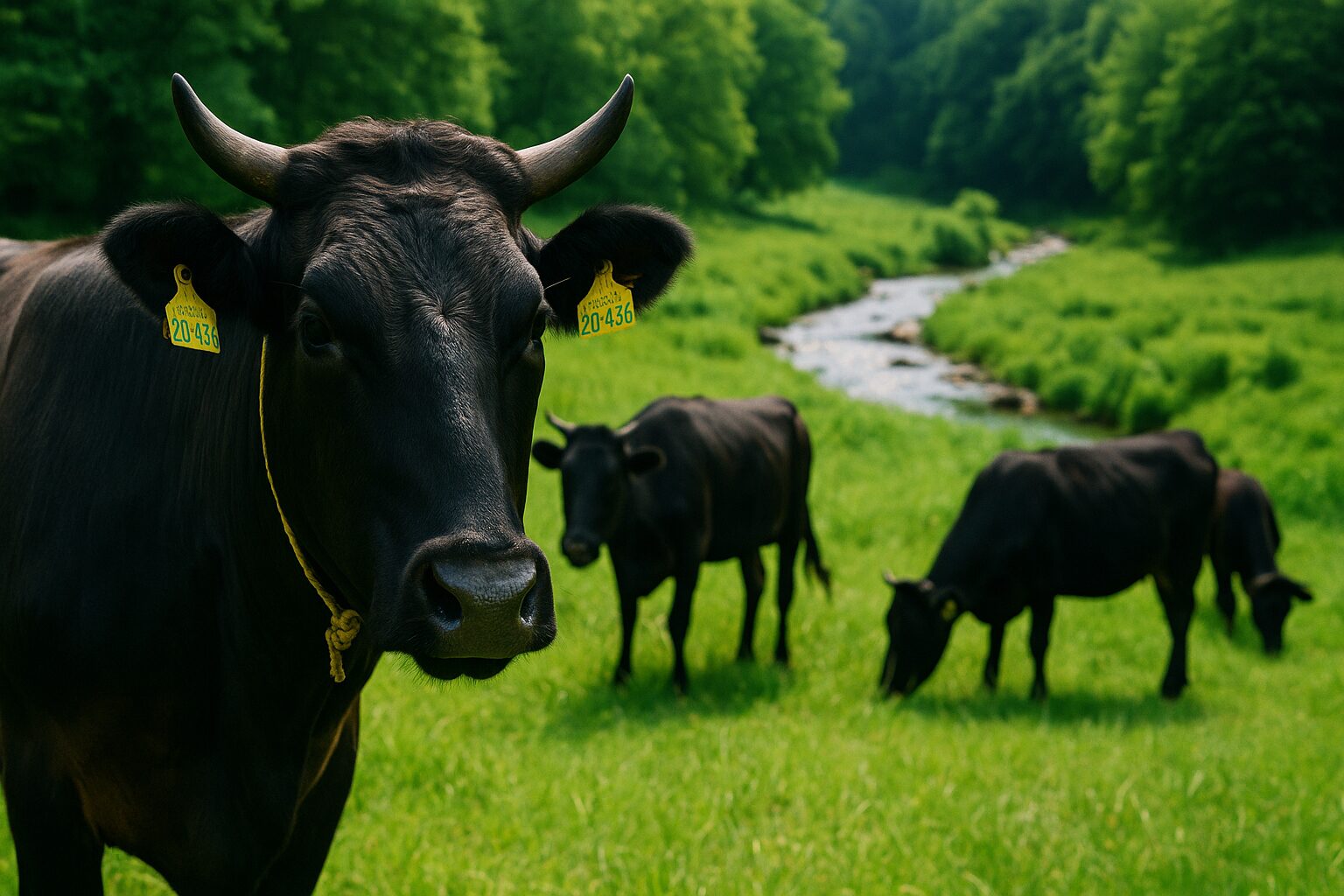 緑豊かな牧草地で、黒毛和牛が川沿いに草を食む様子。手前には大きな黒毛和牛がカメラを見つめて立っている。