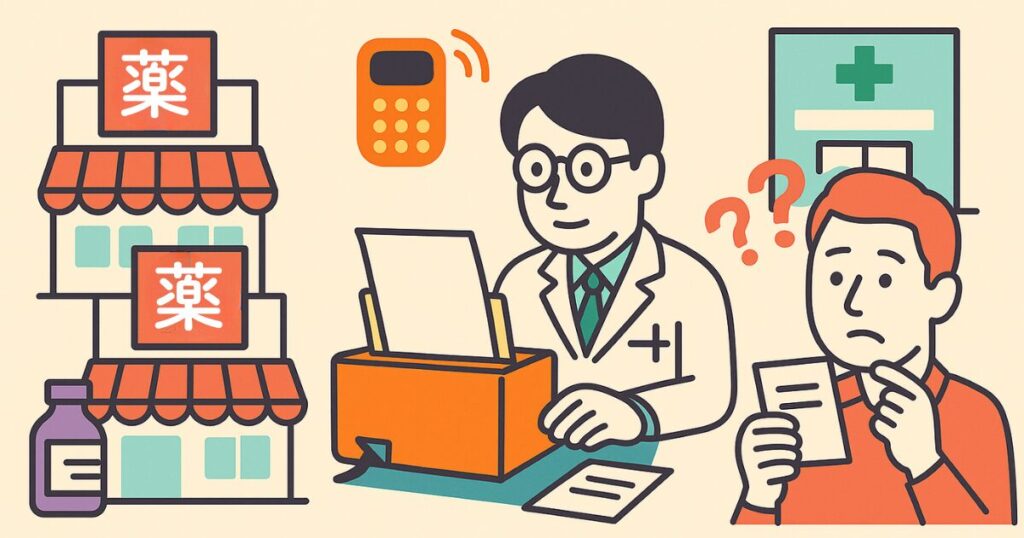 複数の薬局、FAXで処方せんを受け取る薬剤師、困惑する患者を描いたイラスト。
