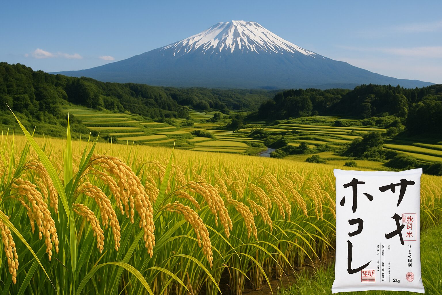 秋田の棚田を背景に、黄金色に実る稲穂と、右下に配された「サキホコレ」の米袋が写る風景写真