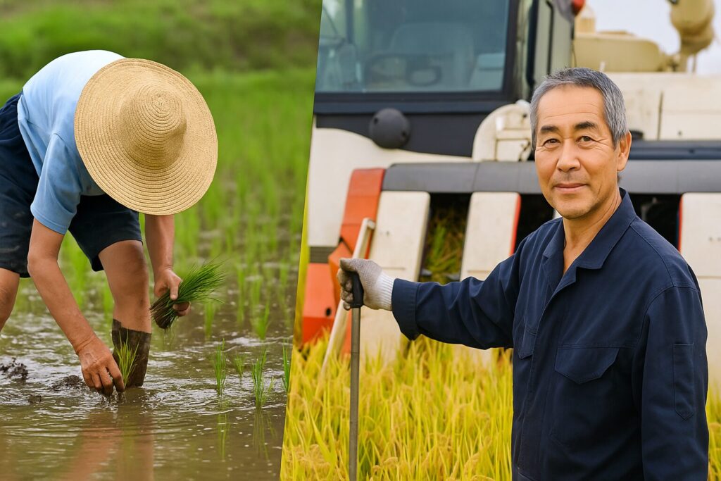 手作業で田植えをする農家と現代の農業機械を操作する農家を対比した画像