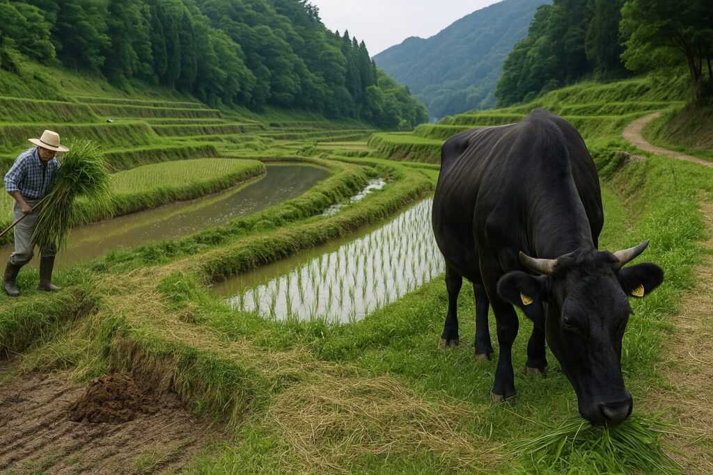 棚田の畔草を刈り取る農家と、畔草を食む黒毛和牛。背後には美しい緑の棚田が広がる。