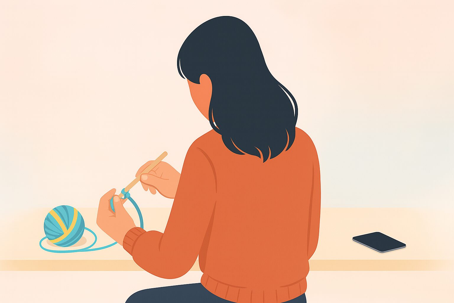 Z世代の若い女性が机にスマホを置き、毛糸とかぎ針で編み物に集中している様子