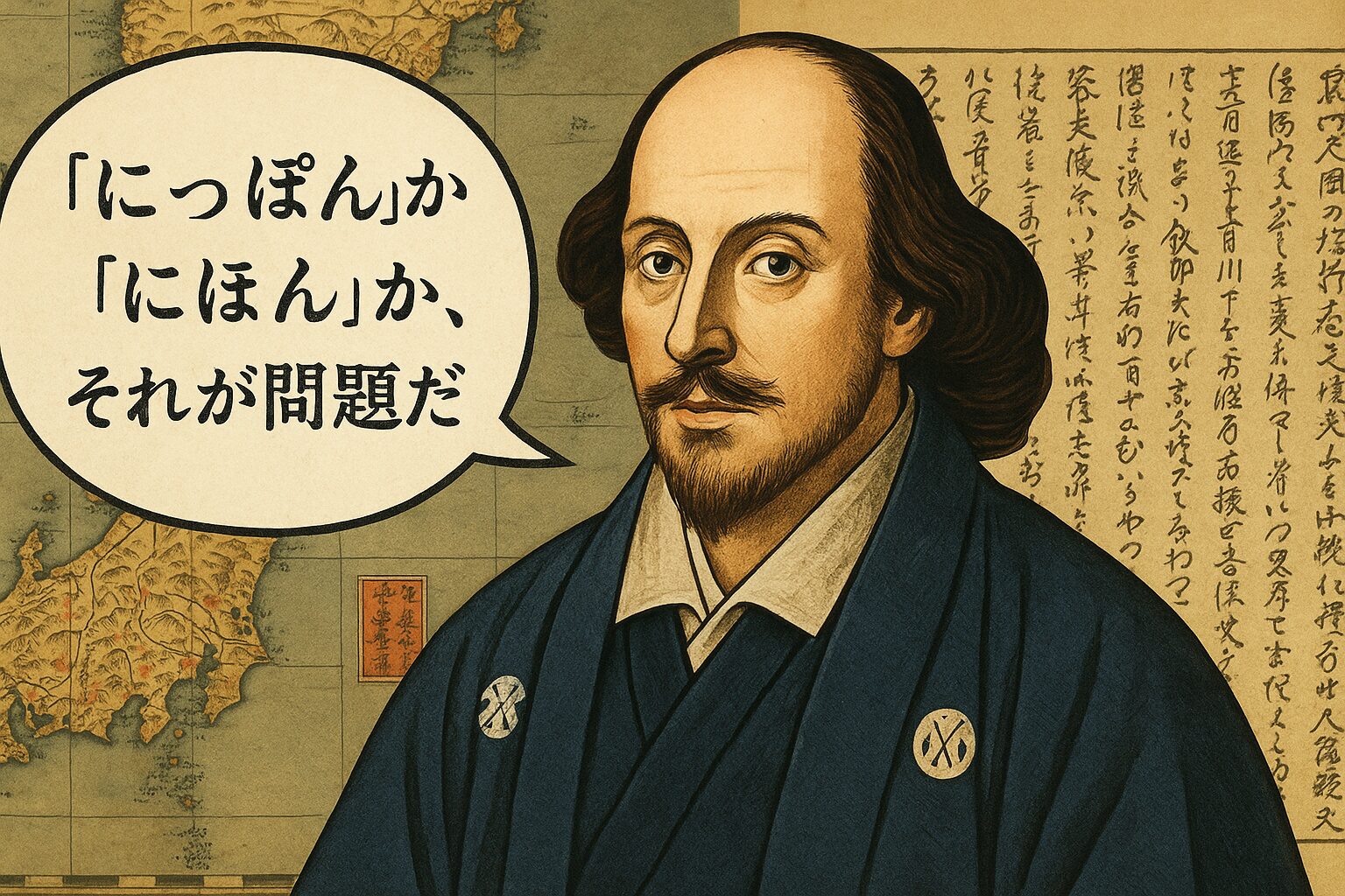 日本の古地図と古文書を背景に、和装姿のシェイクスピア風の男性が「にっぽんか、にほんか、それが問題だ」と吹き出しで語っているイラスト。
