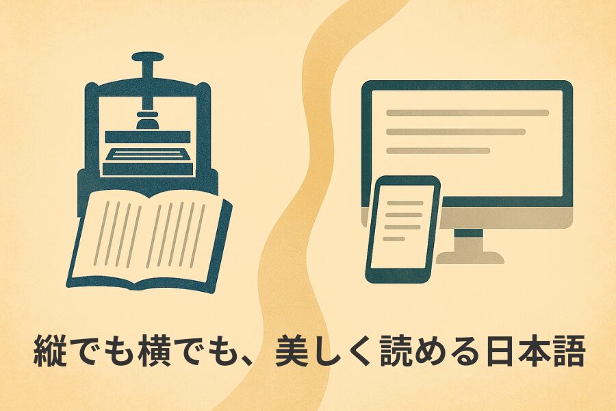古い印刷機と縦書きの本、現代的なモニターとスマートフォンが左右に配置され、日本語の縦書きと横書きの共存を表現したイラスト。