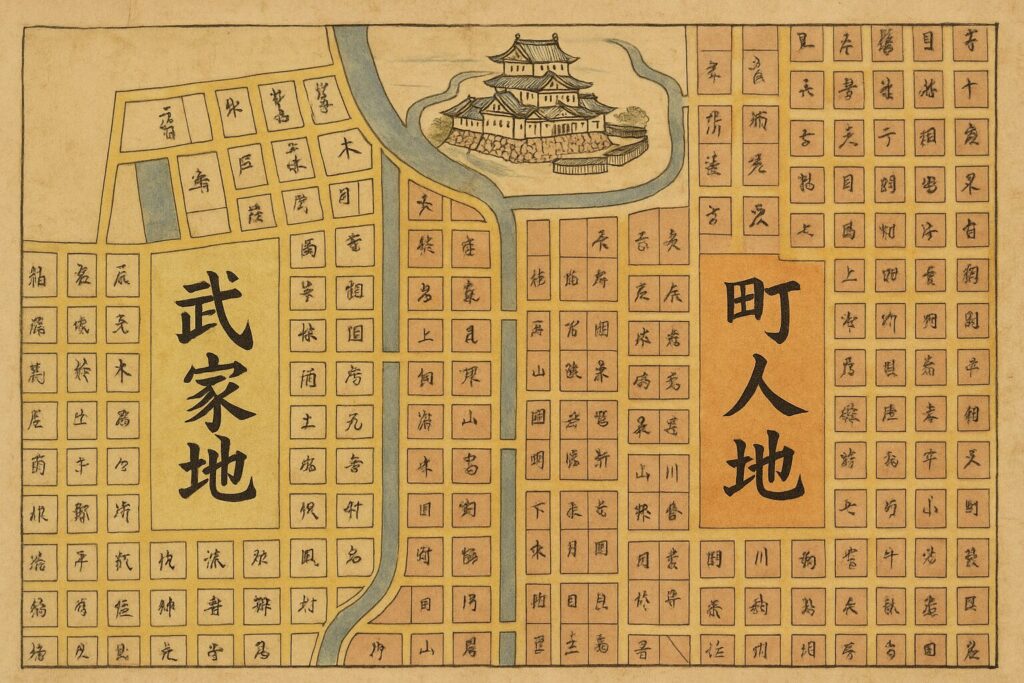 江戸時代の城下町の絵図で、武家地と町人地が色分けされ区分されている様子