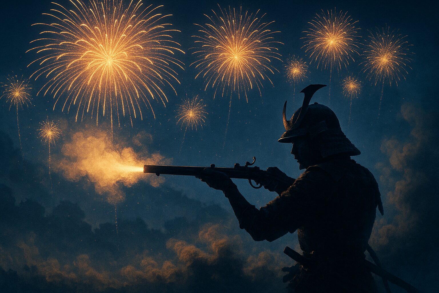 戦国武士が火縄銃を構えるシルエットの背後で、夜空に花火が広がる幻想的なイラスト