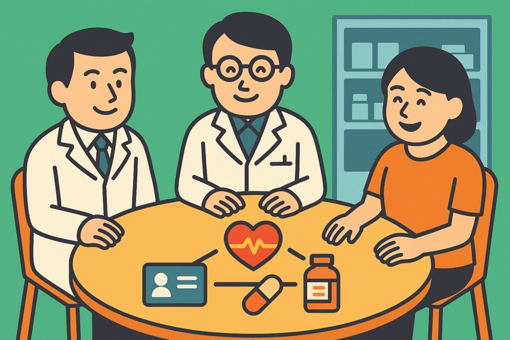 医師、薬剤師、患者が円卓を囲み、協力的な関係を示すイラスト。テーブル上には心臓や薬、カードのアイコンが描かれている。