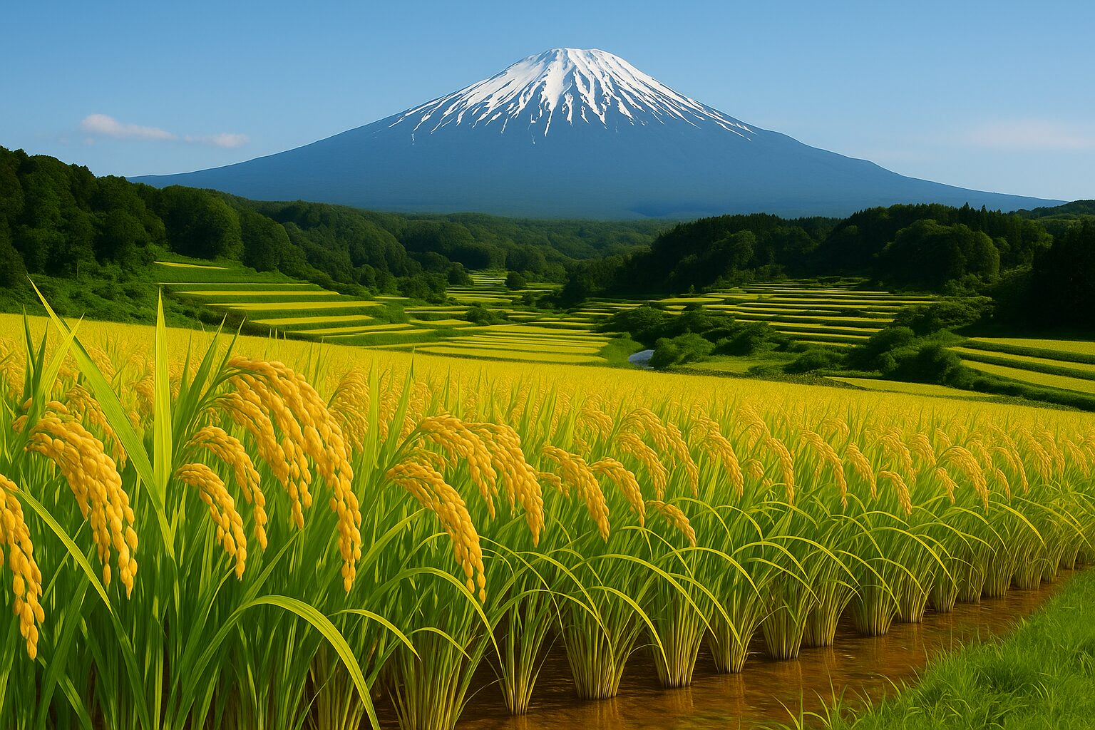 秋田の棚田を背景に、黄金色に実る稲穂が写る風景写真