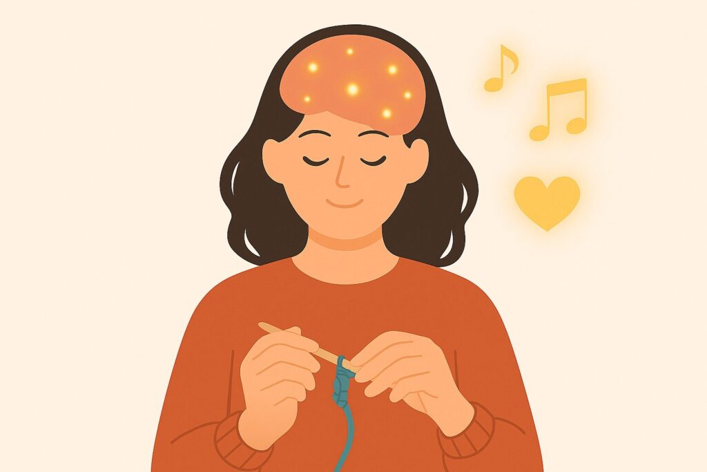 編み物をする女性の頭上に、セロトニンや音符、ハートのシンボルが浮かび、編み物が心と脳を癒す効果を表現したイラスト。